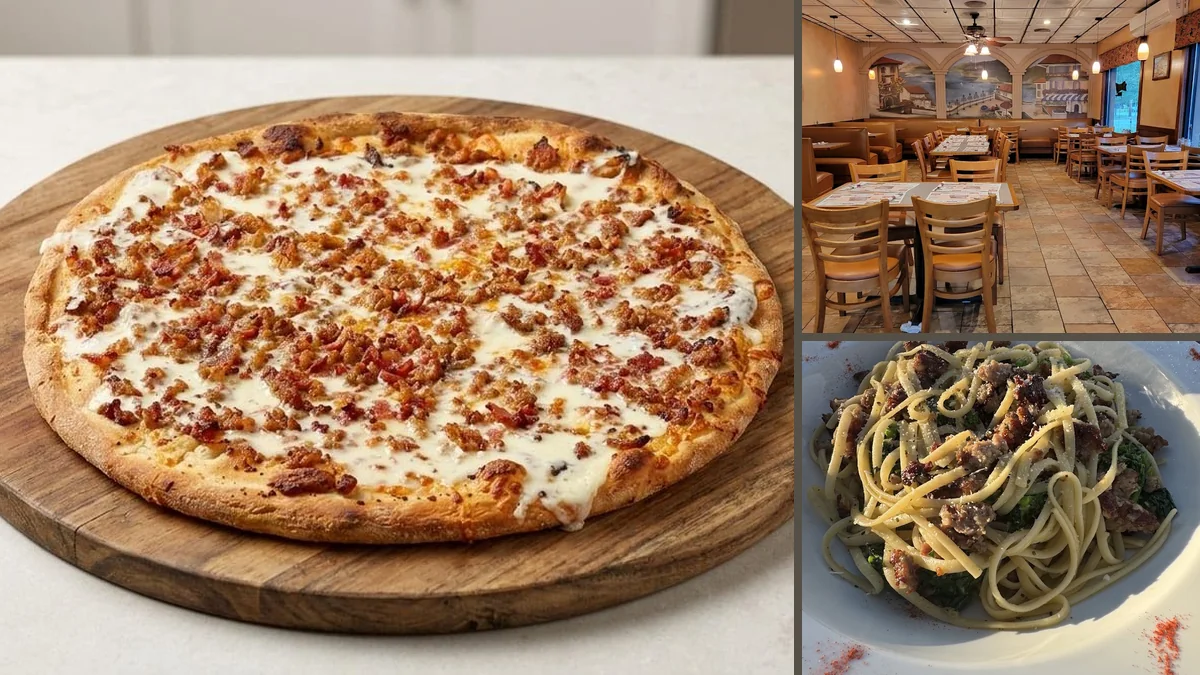 Pizza boxes stacked near the counter.