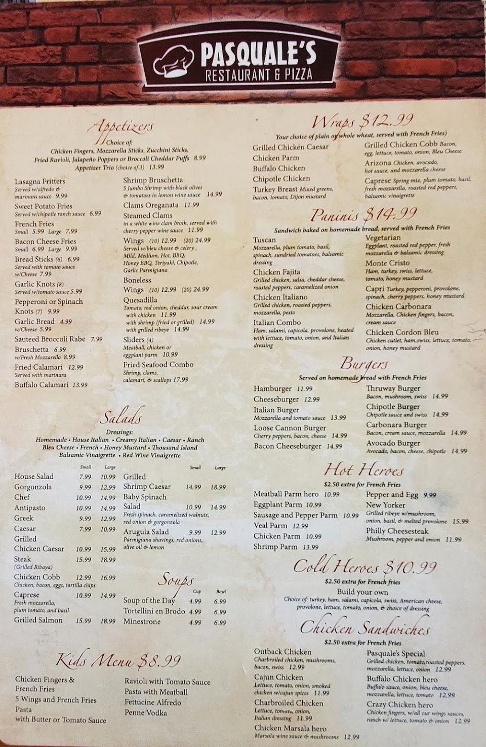 Printed menu with pizza and salads.